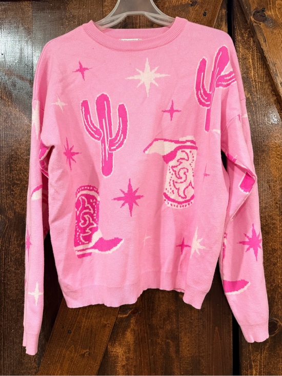 Staccato Sweaters - Staccato Pink Cowboy Boot & Cactus Crewneck Sweater